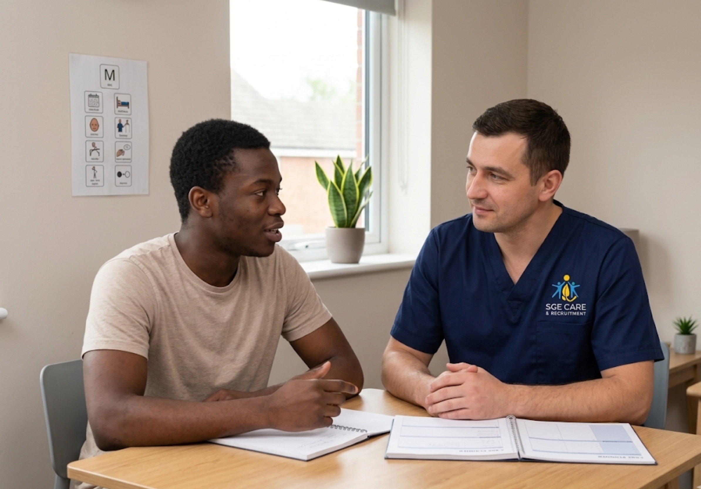SGE Care specialist supporting an individual with complex dual diagnosis needs in a calm, person-centred Essex setting