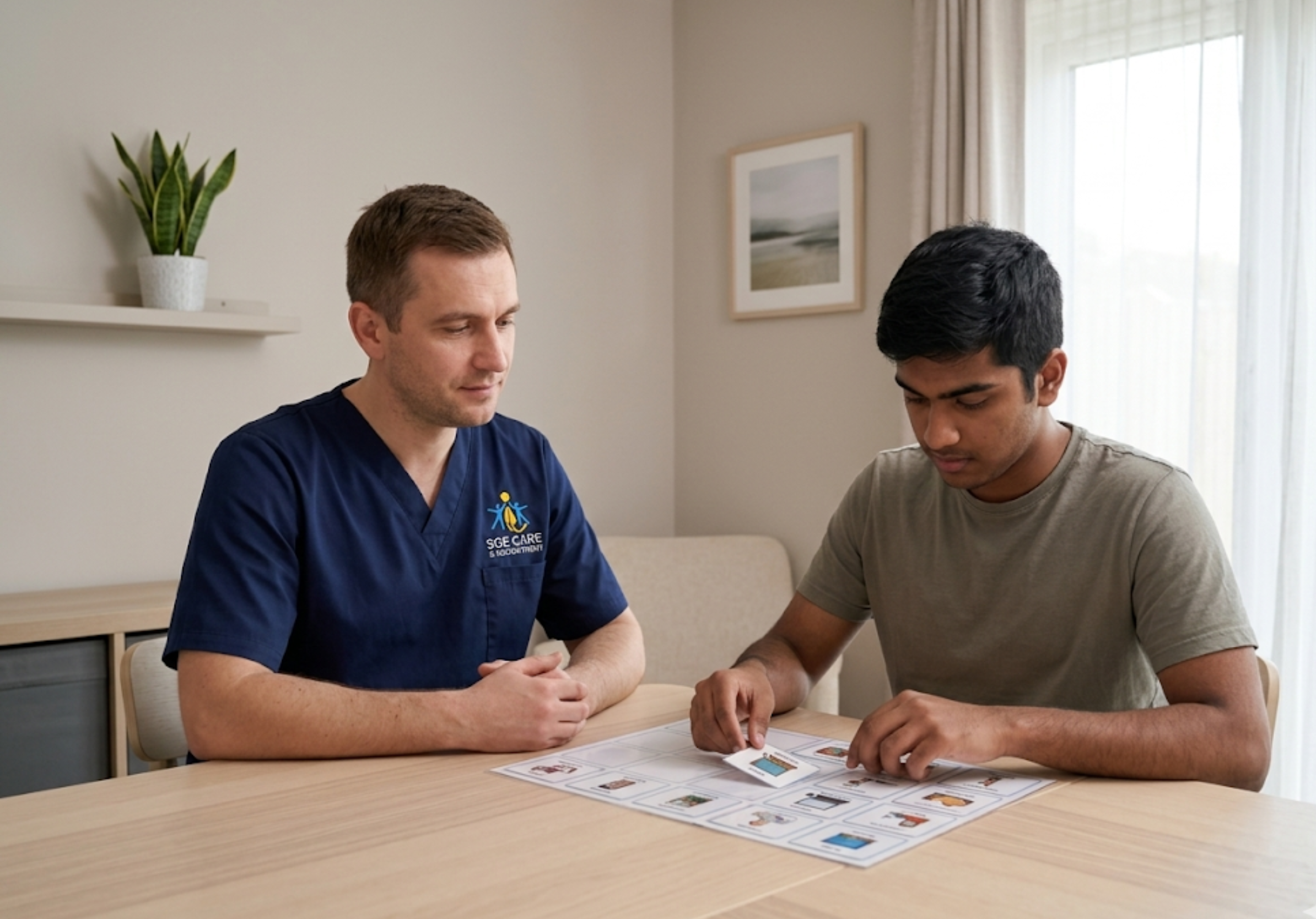 SGE Care autism support worker calmly supporting an autistic young adult with a visual schedule in a sensory-friendly Essex room