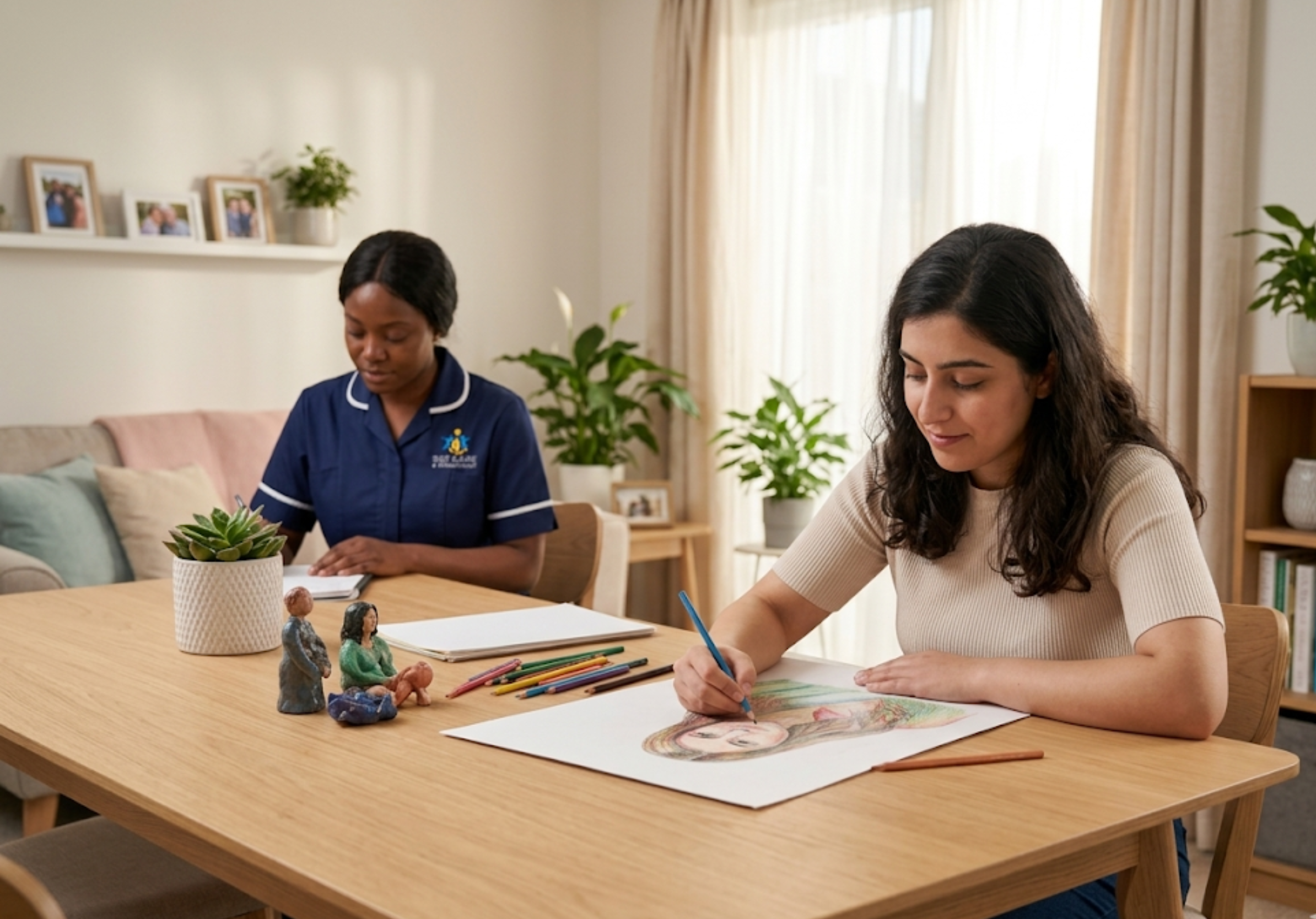 SGE Care autism support worker present while an autistic young woman pursues her art interest in her Essex supported living home