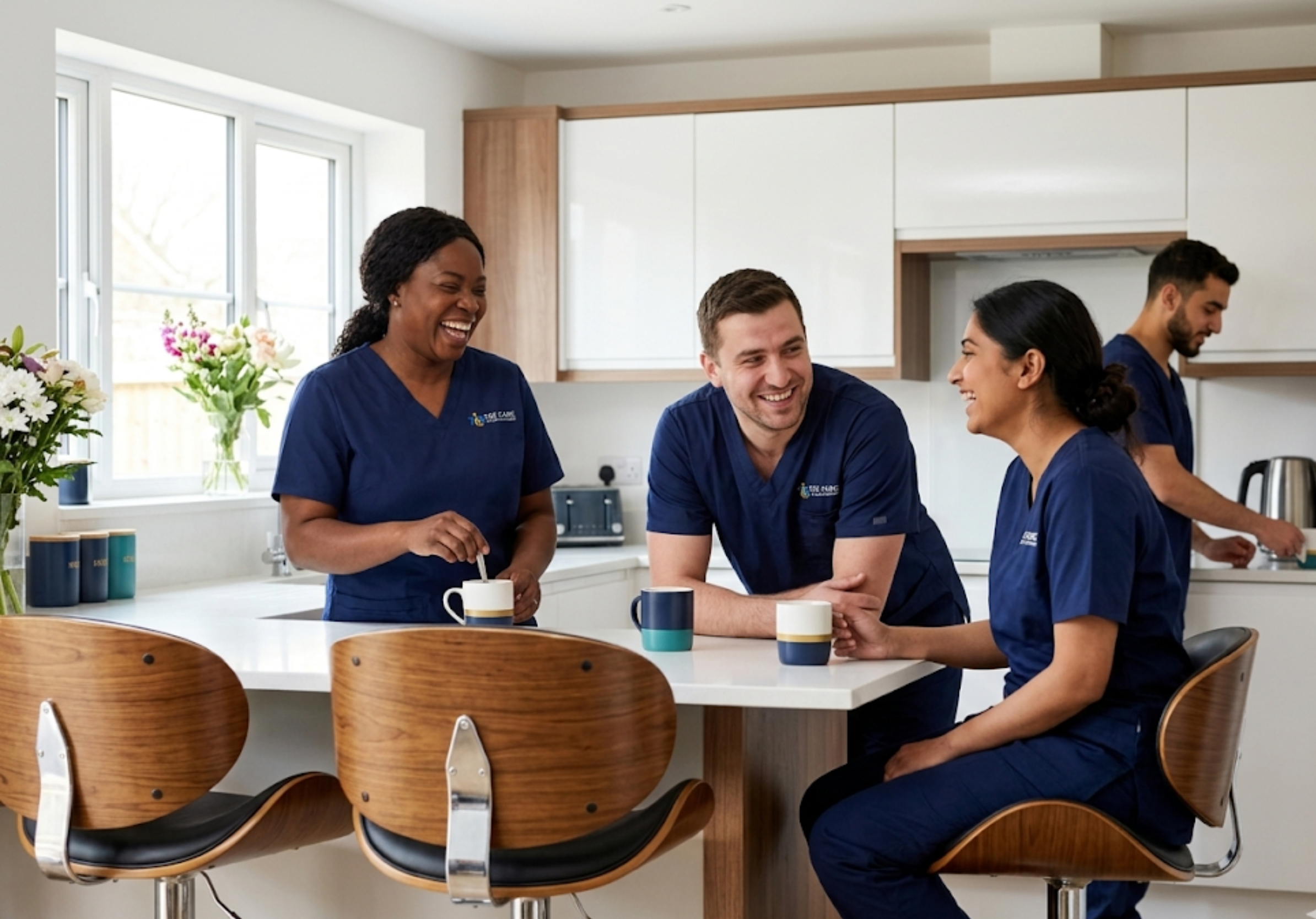 SGE Care team members sharing a break in their Essex office — a diverse, welcoming workplace