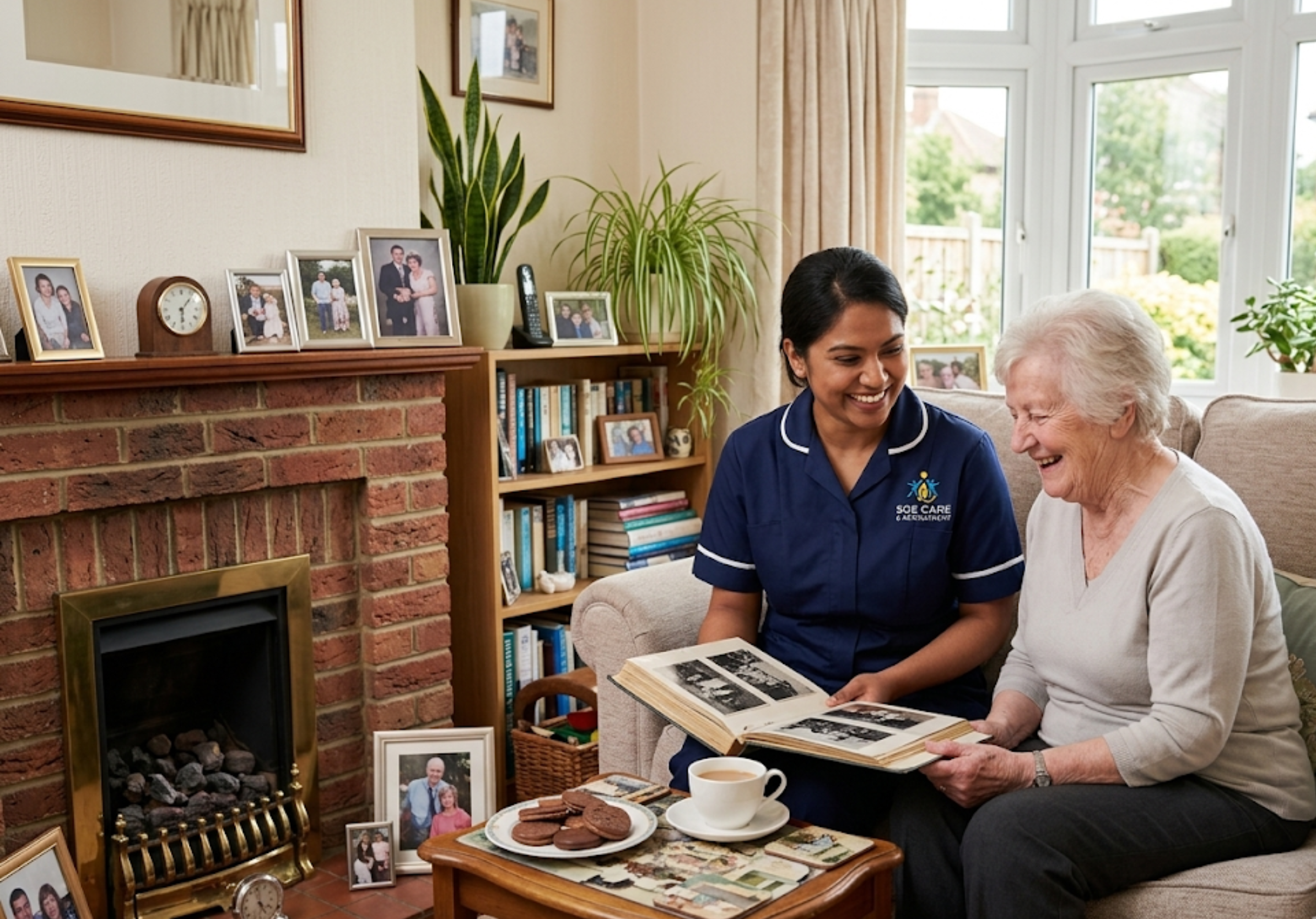 SGE Care companionship worker sharing a joyful moment with an elderly client over tea and photographs in her Essex home