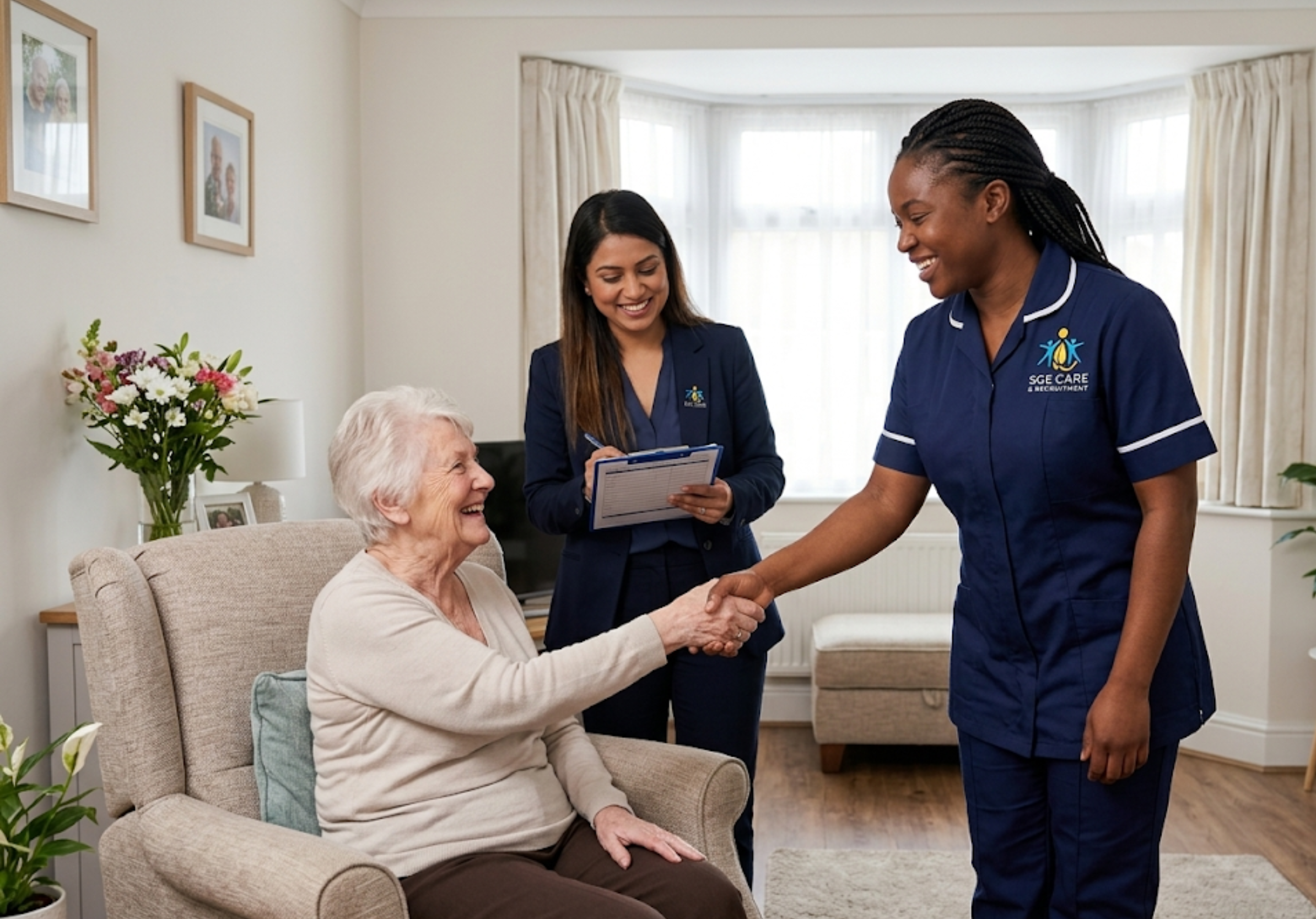 SGE Care companion being introduced to an elderly client in Essex — careful matching for the right personality and cultural fit
