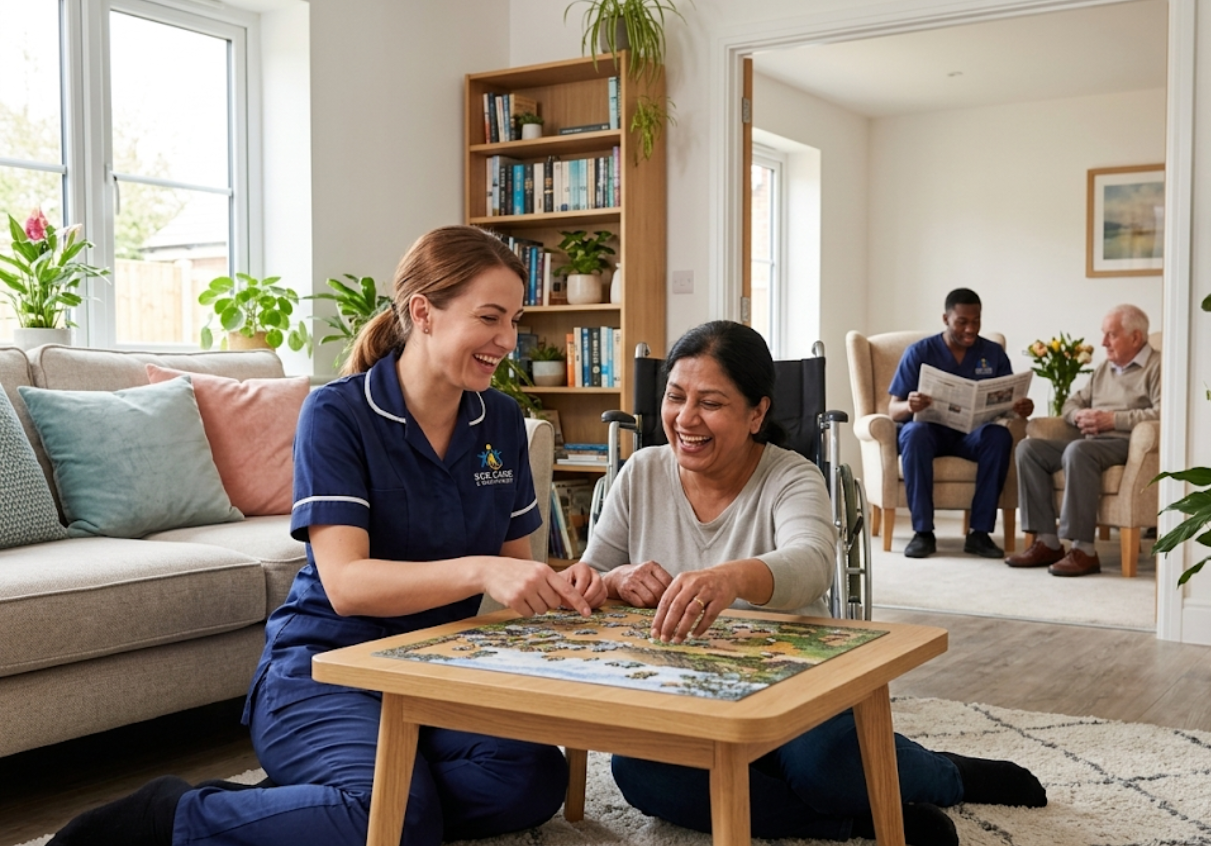 SGE Care companion workers supporting adults with disabilities and elderly clients in Essex with jigsaw puzzles and shared activities