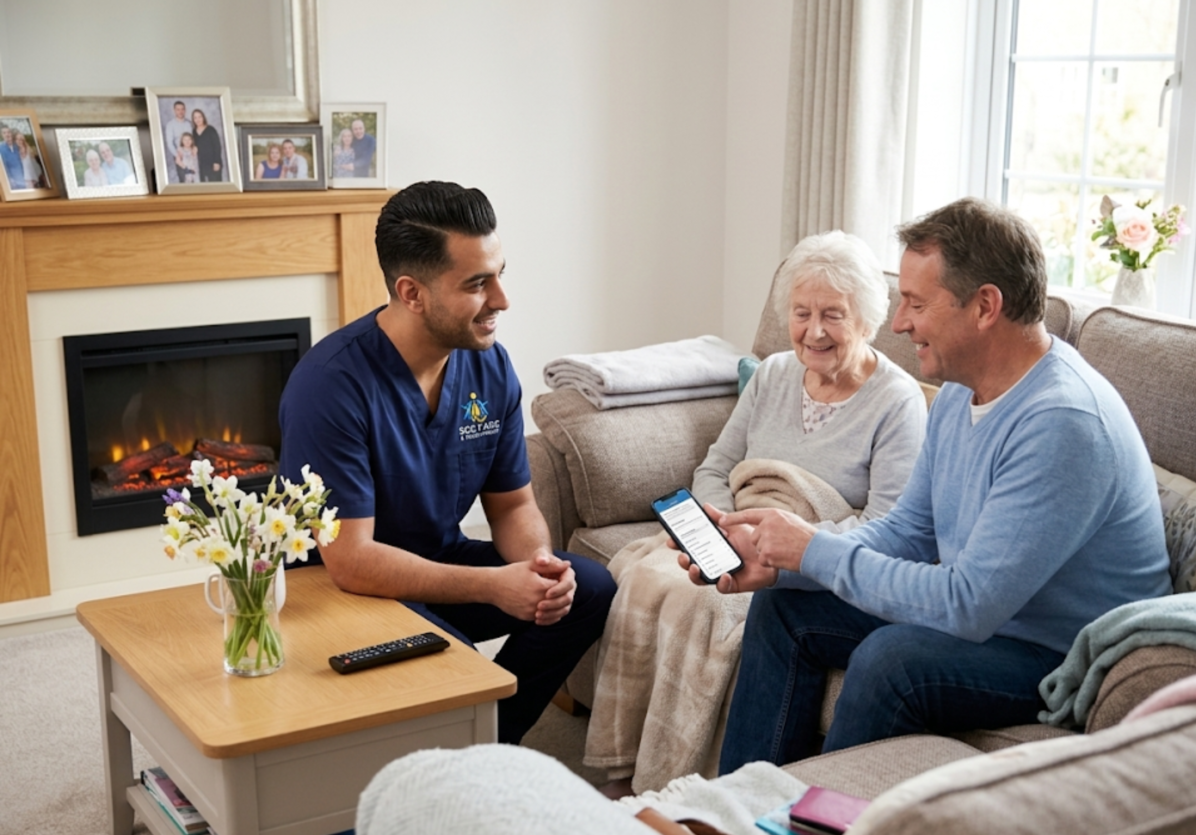 SGE Care dementia worker keeping a family informed about their mother's wellbeing in their Essex home