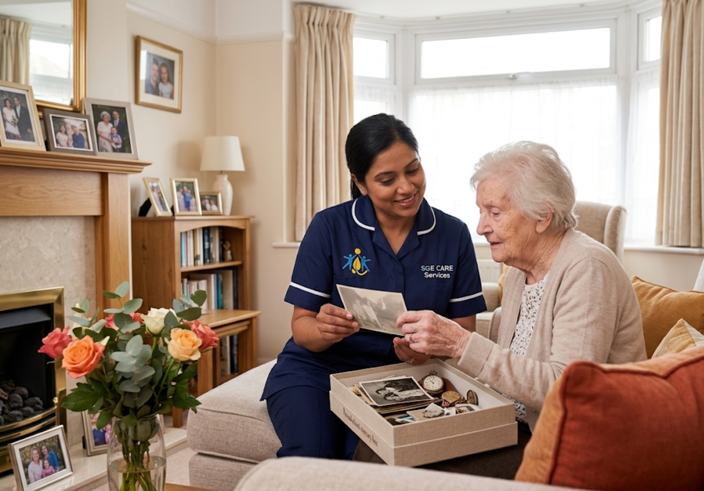 SGE Care dementia specialist supporting an elderly client with a memory box in her Essex home