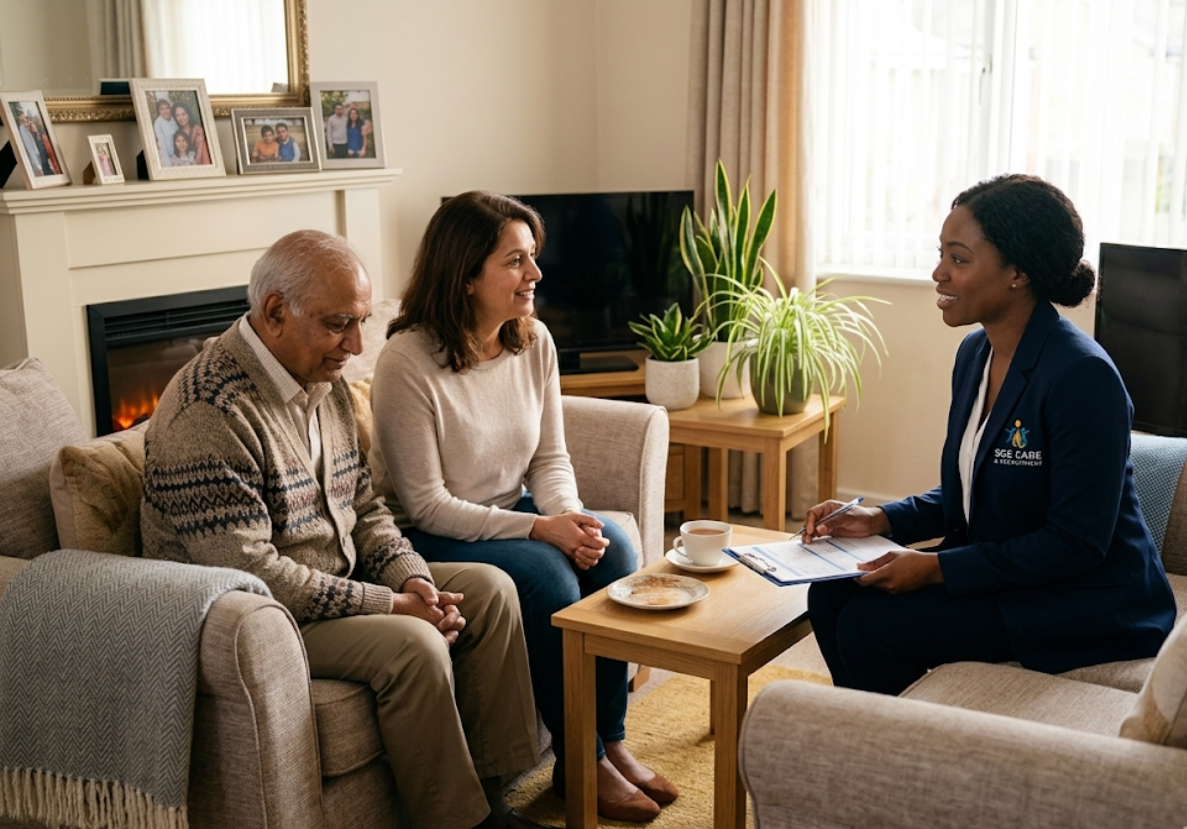 SGE Care coordinator conducting a dementia care assessment with an elderly man and his daughter in their Essex home