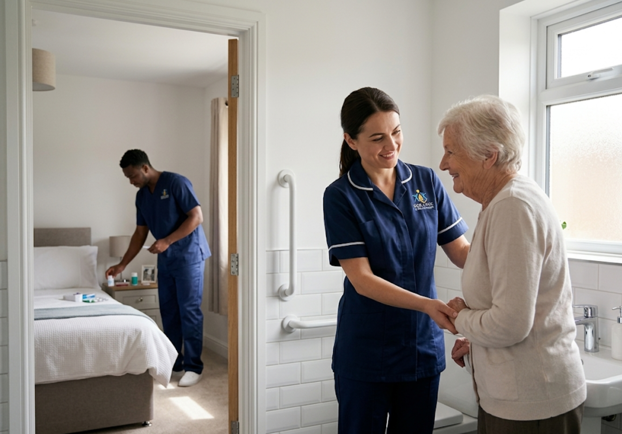 SGE Care workers providing dignified personal care and medication support to an elderly client at home in Essex