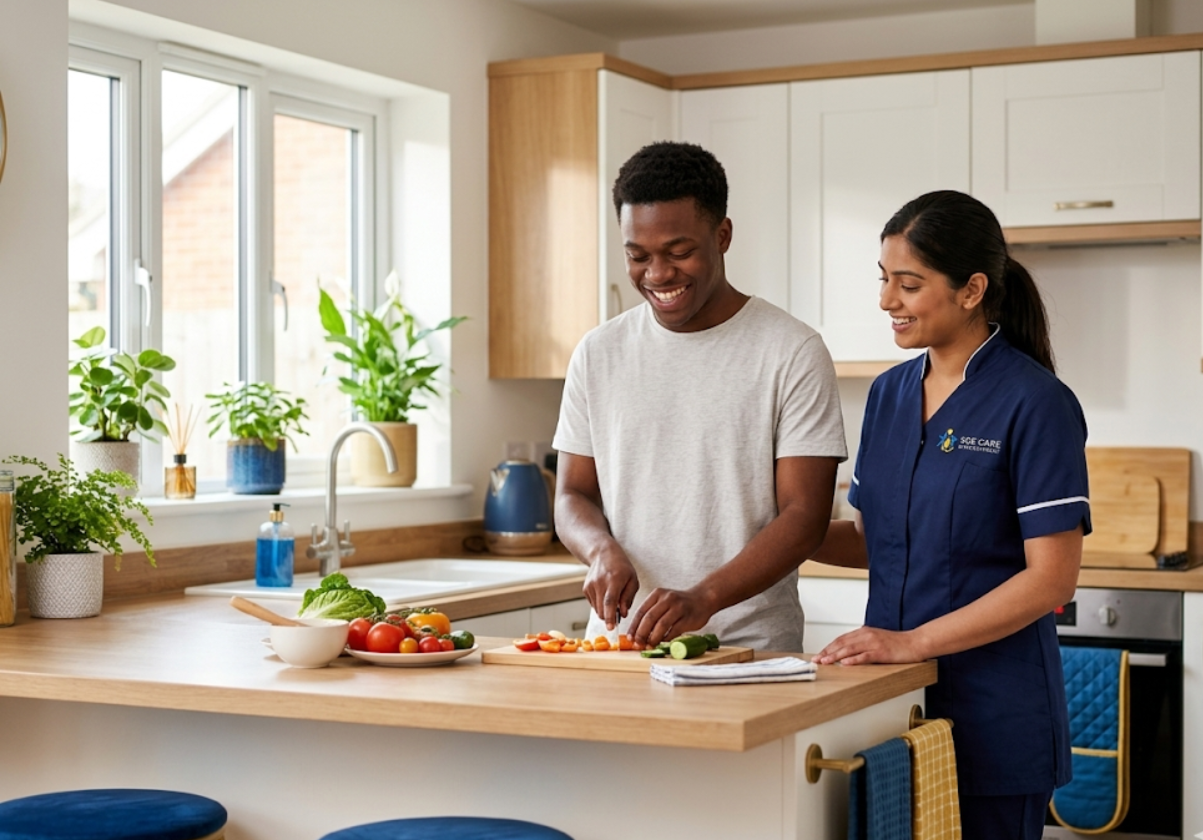 SGE Care support worker empowering a young adult with a learning disability to cook independently in an Essex supported living home