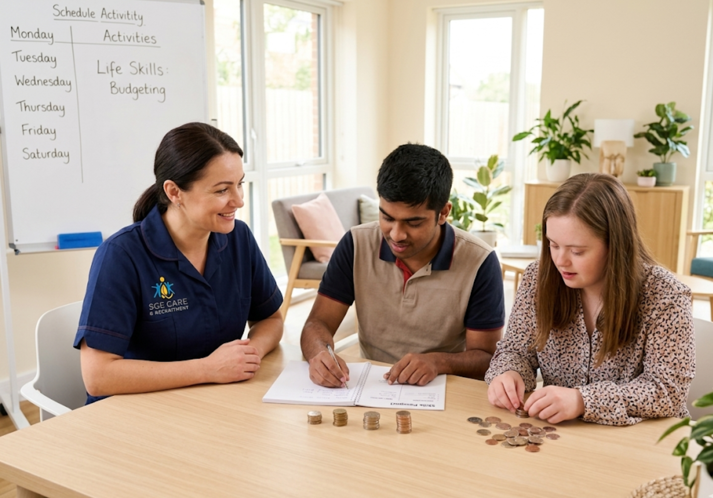 SGE Care support worker facilitating a life skills session with young adults with learning disabilities in an Essex supported living home
