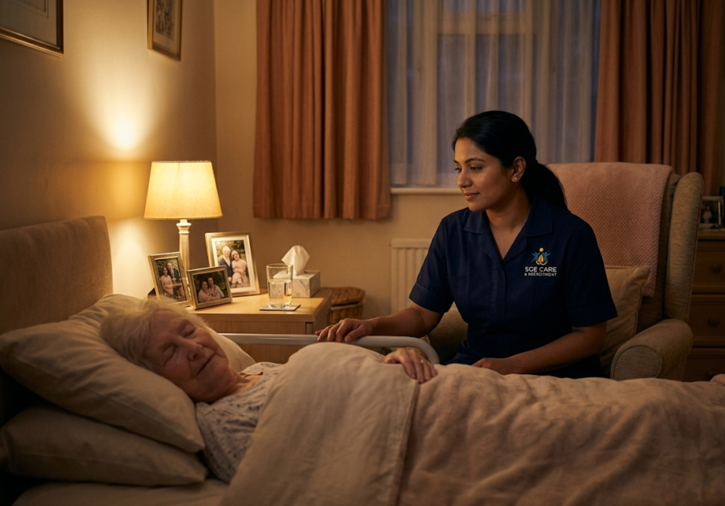 SGE Care overnight care worker checking on an elderly client through the night in her Essex home