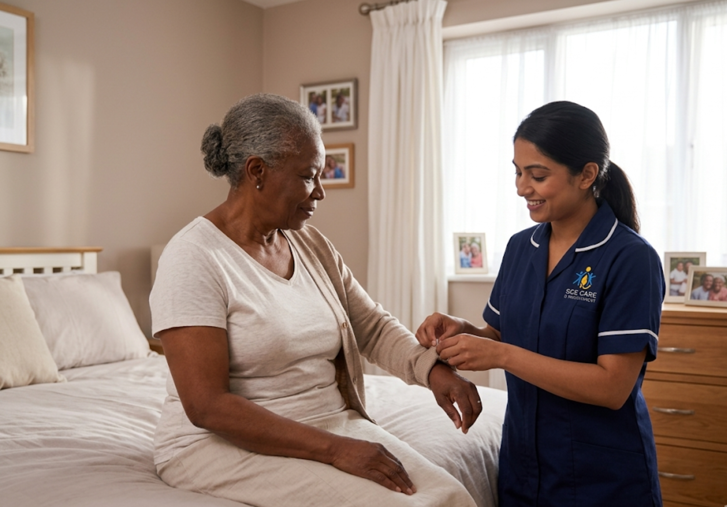 SGE Care worker providing understanding personal care support to an elderly client in their Essex home