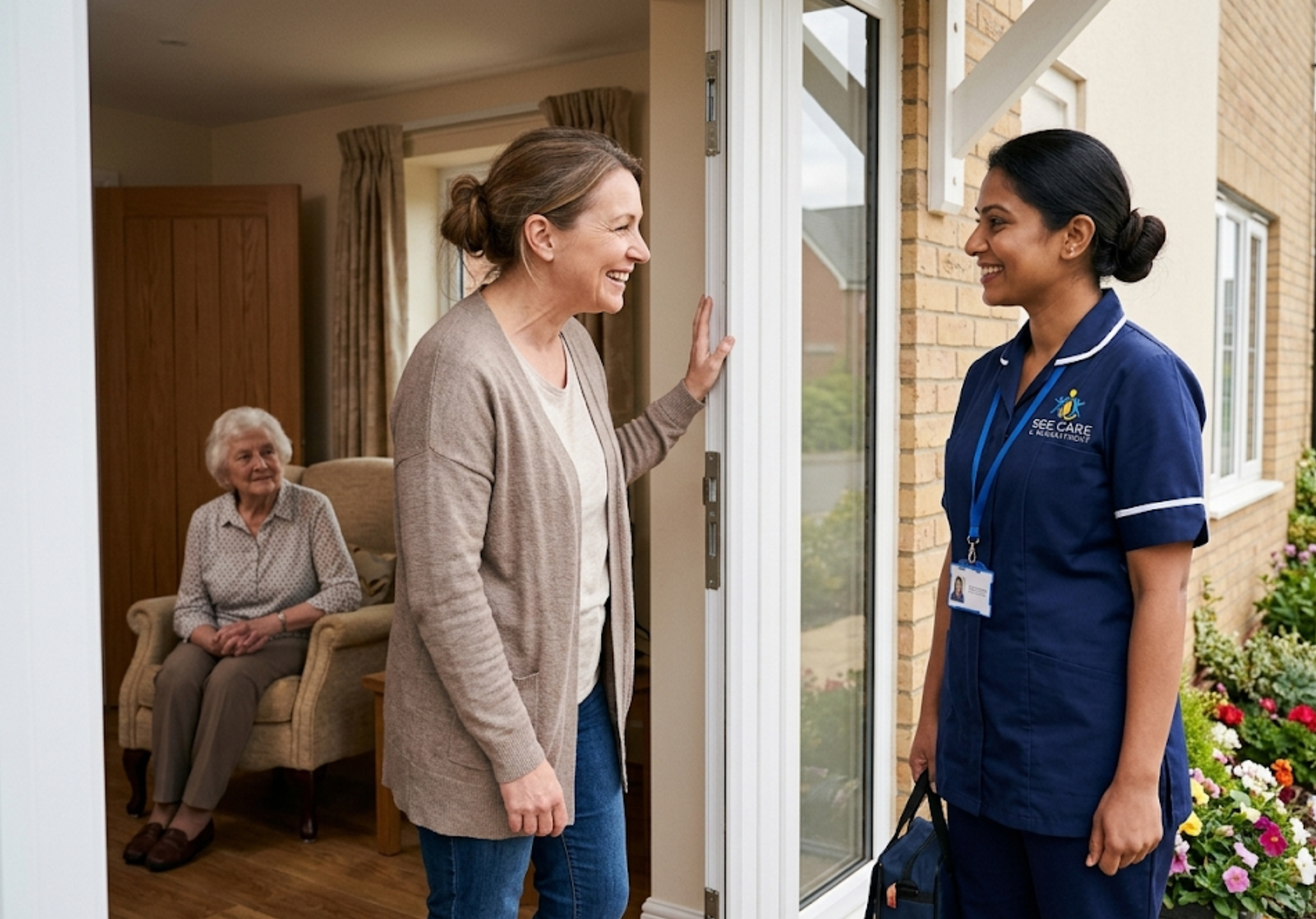 SGE Care respite care worker arriving at an Essex home to relieve a family carer