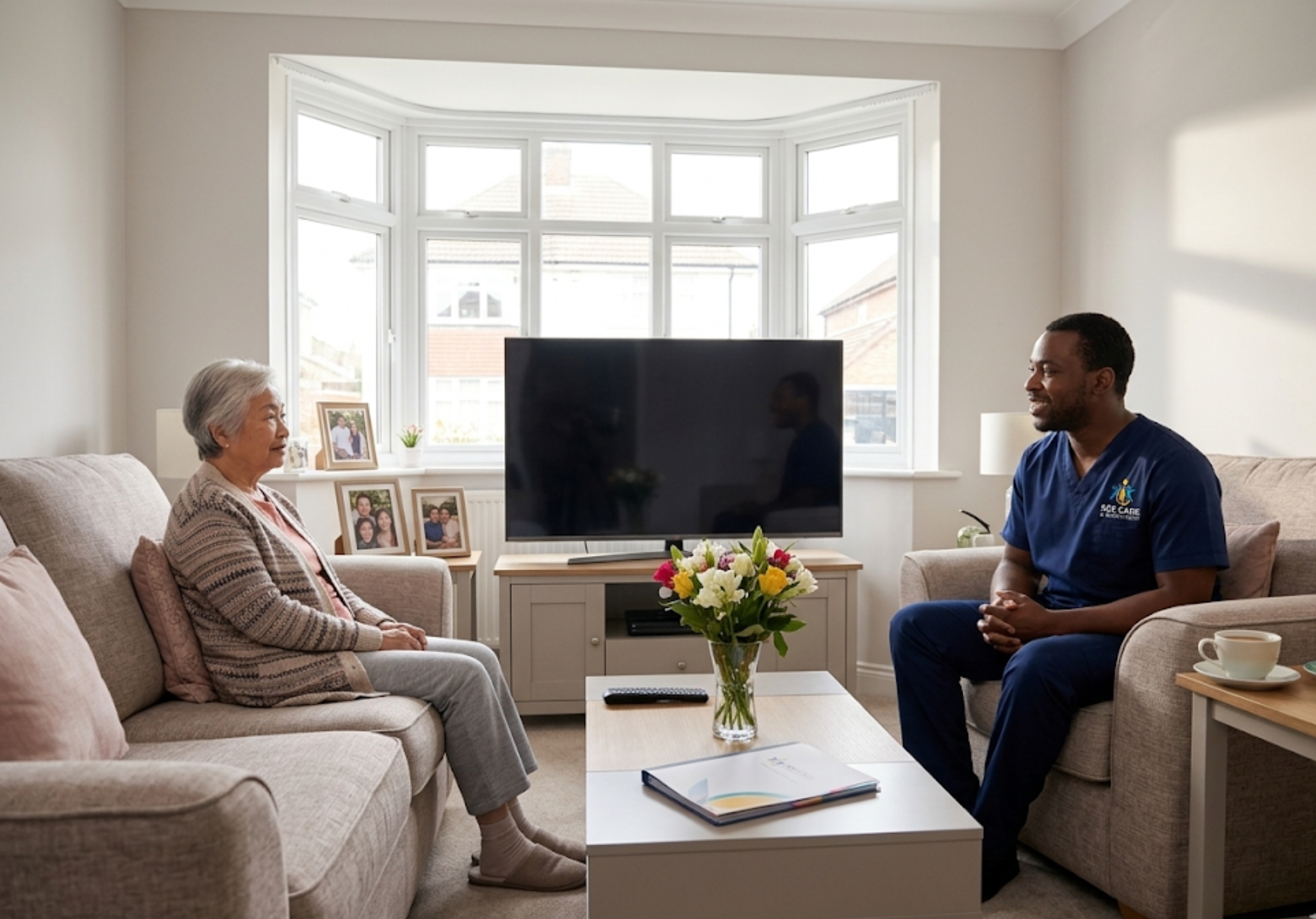 SGE Care respite worker sitting comfortably with an elderly client in her Essex home