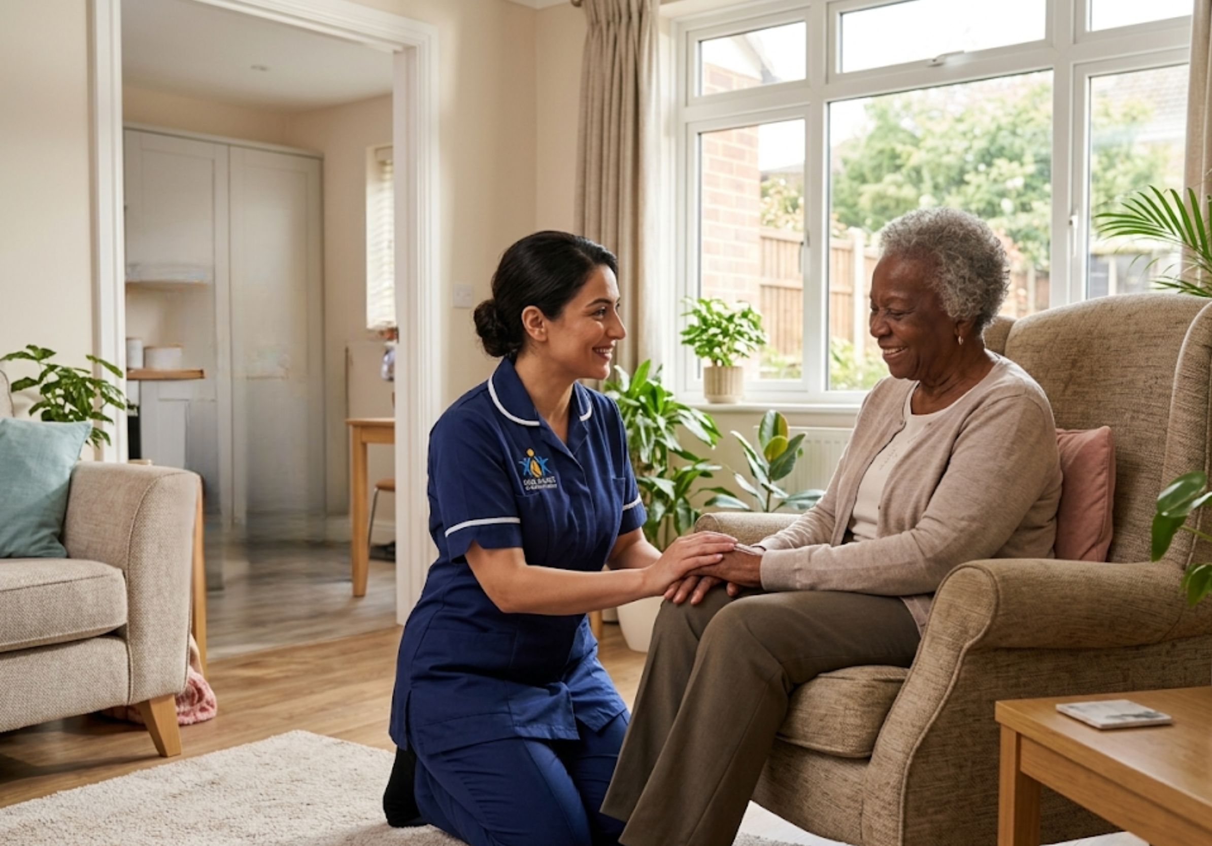 SGE Care worker providing compassionate companionship care to an elderly client in their Essex living room