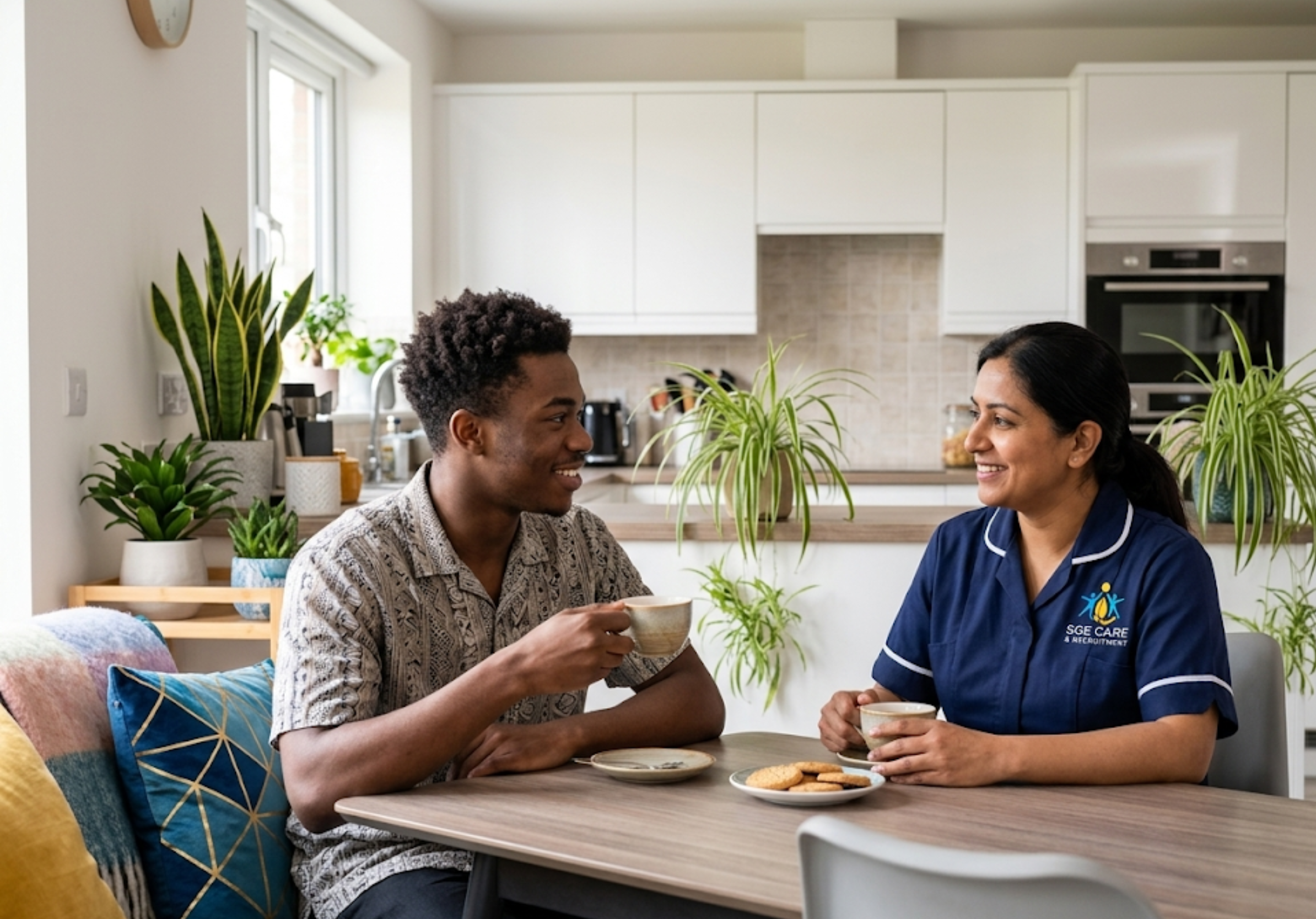 SGE Care support worker and young adult service user sharing a moment in a modern Essex supported living home